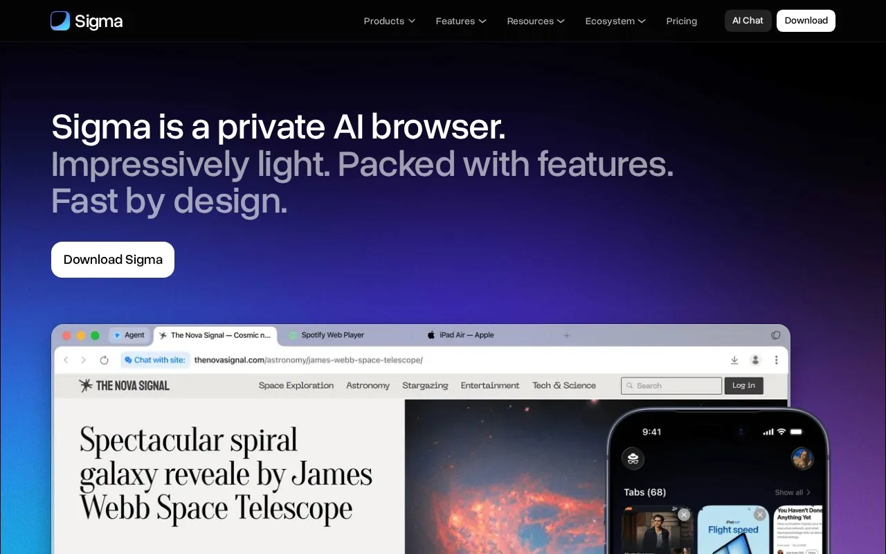 Screenshot of the Sigma homepage