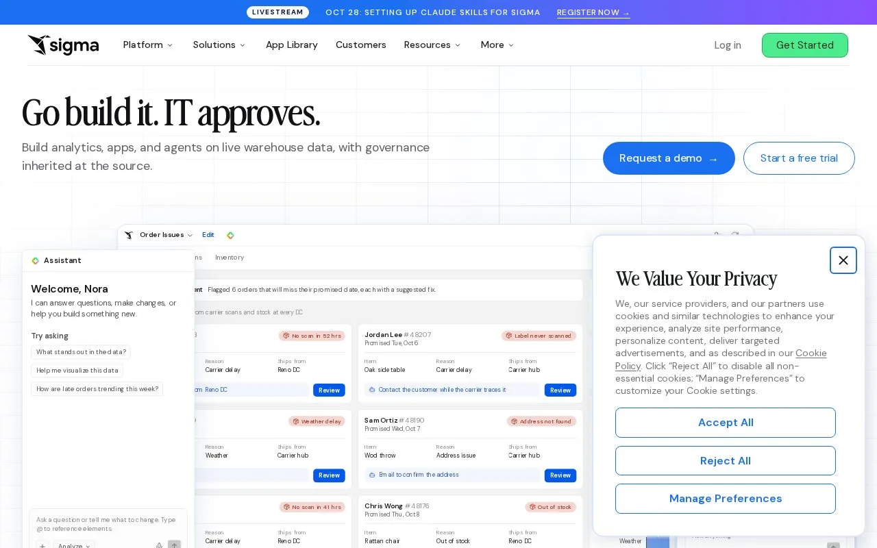Screenshot of the Sigma homepage
