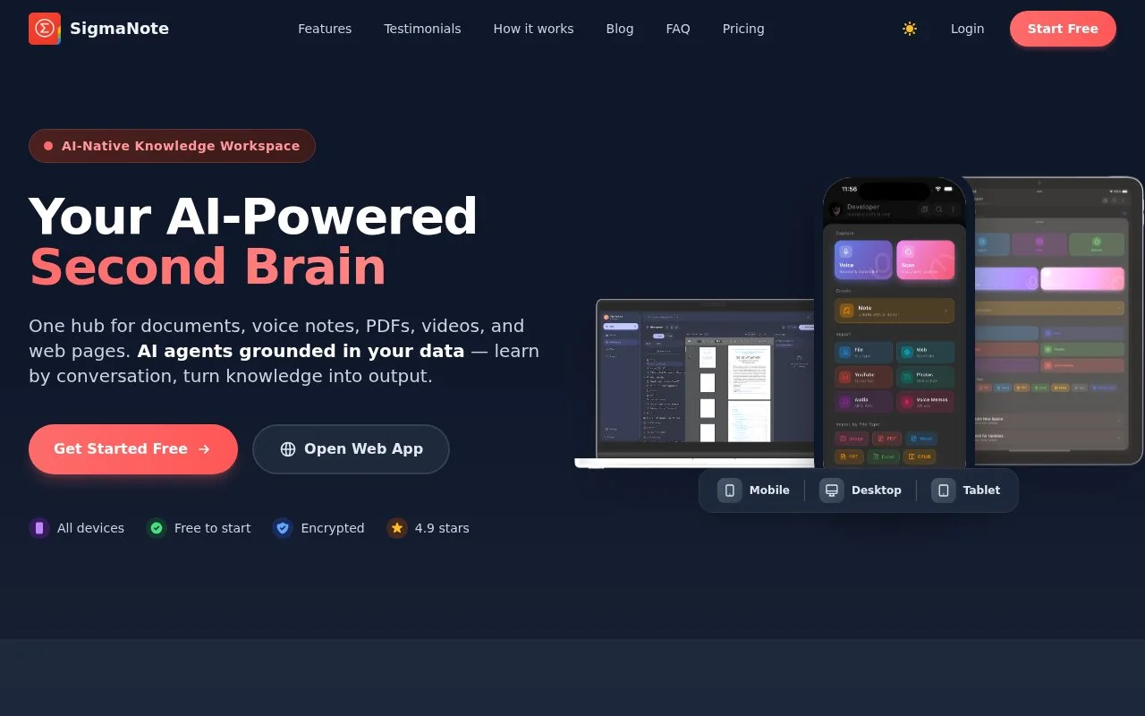 Screenshot of the SigmaNote homepage