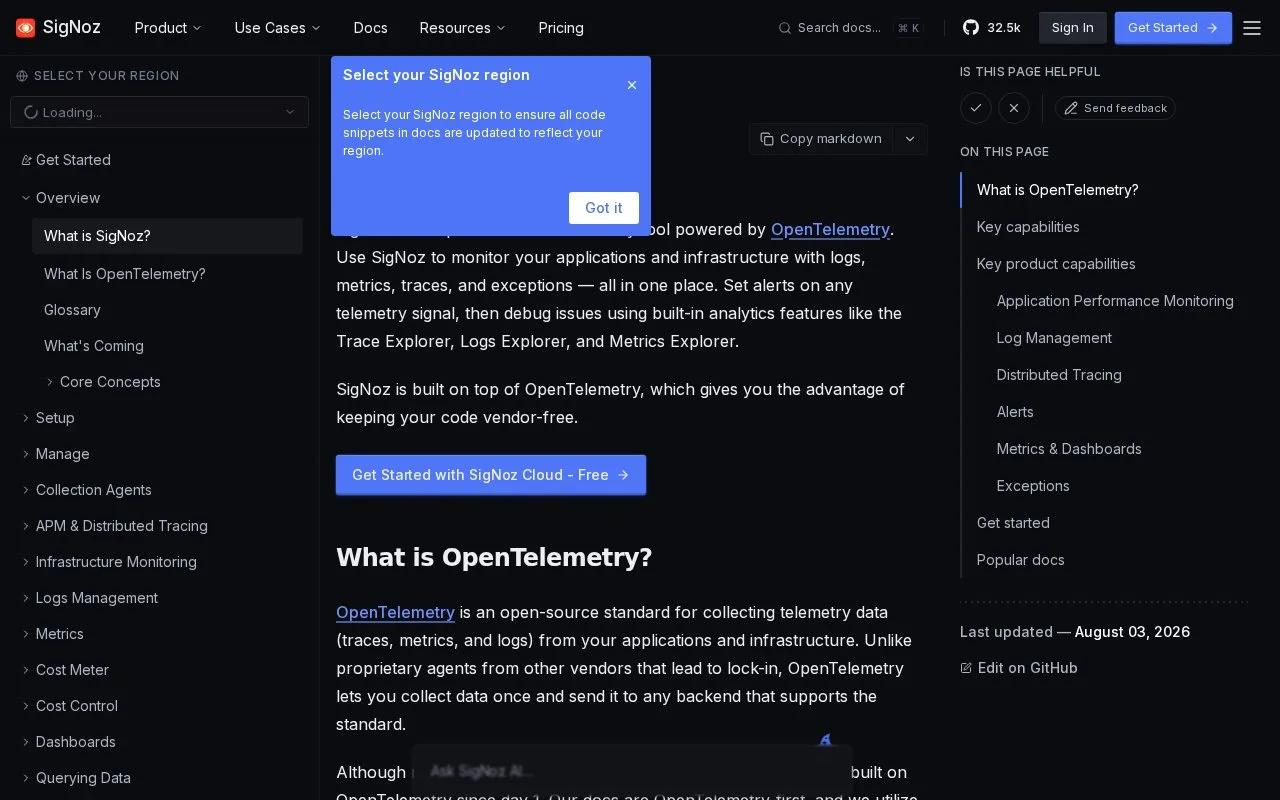 Screenshot of the SigNoz homepage