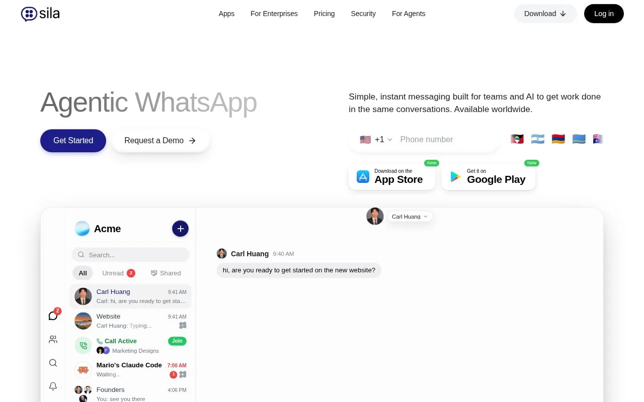 Screenshot of the Sila homepage