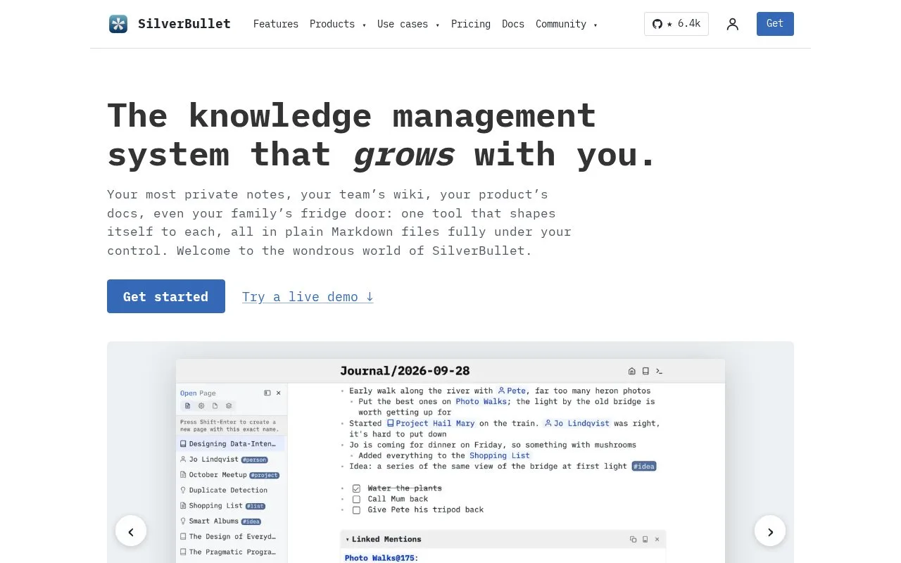 Screenshot of the SilverBullet homepage