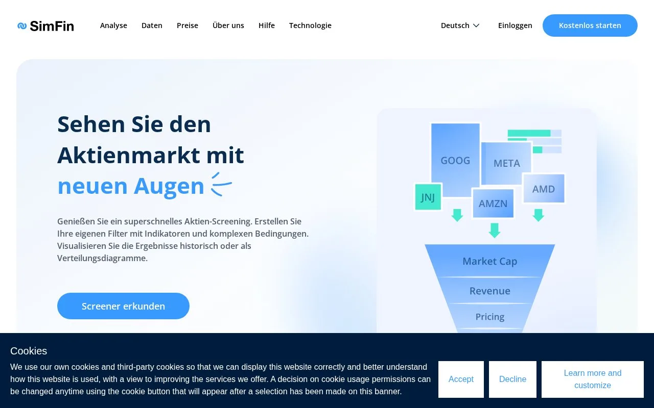 Screenshot of the SimFin homepage