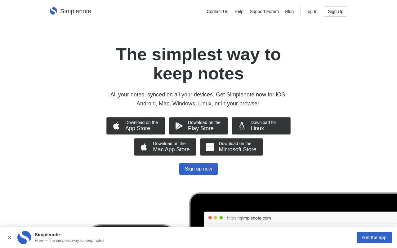 Screenshot of the Simplenote homepage