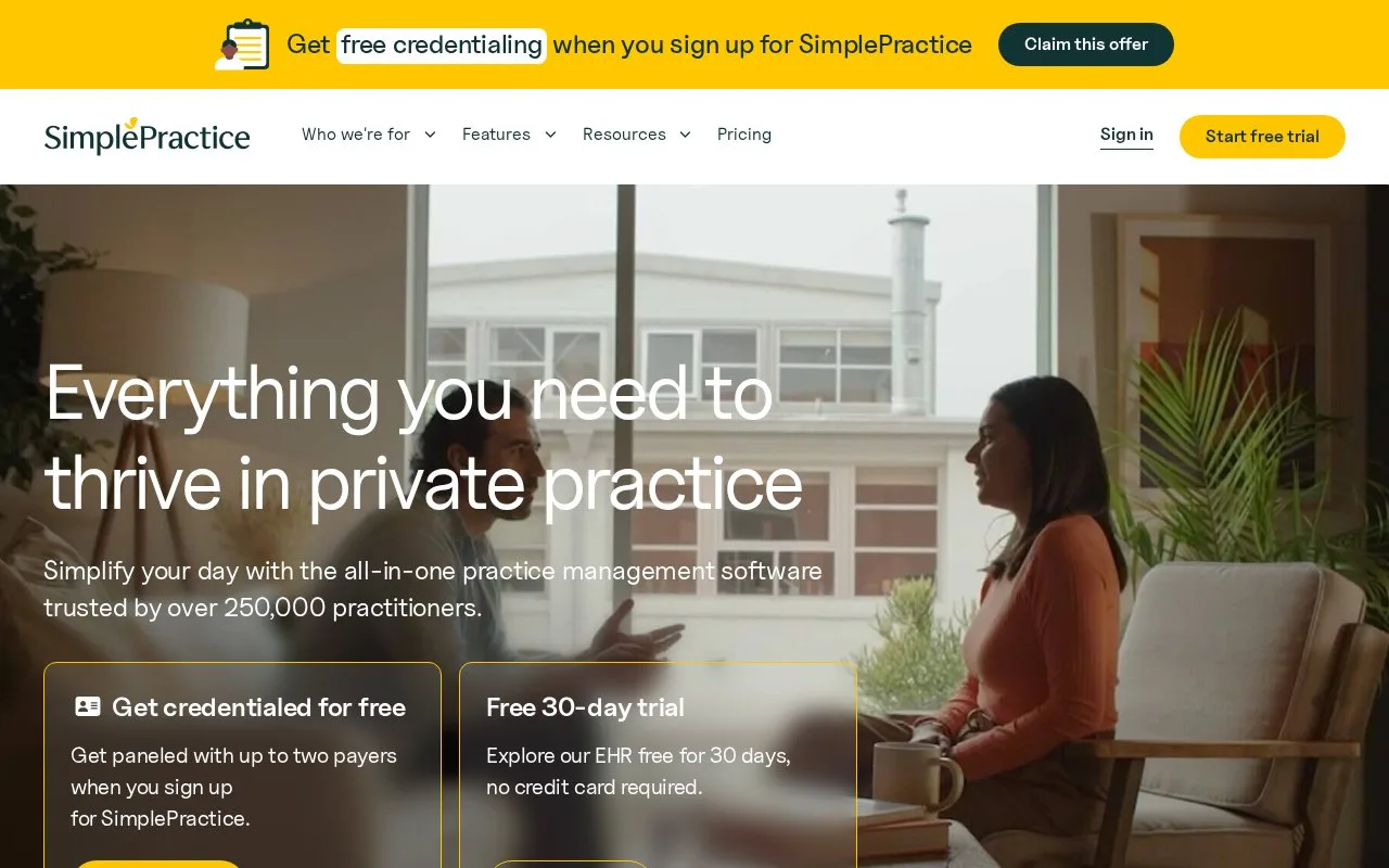 Screenshot of the SimplePractice homepage