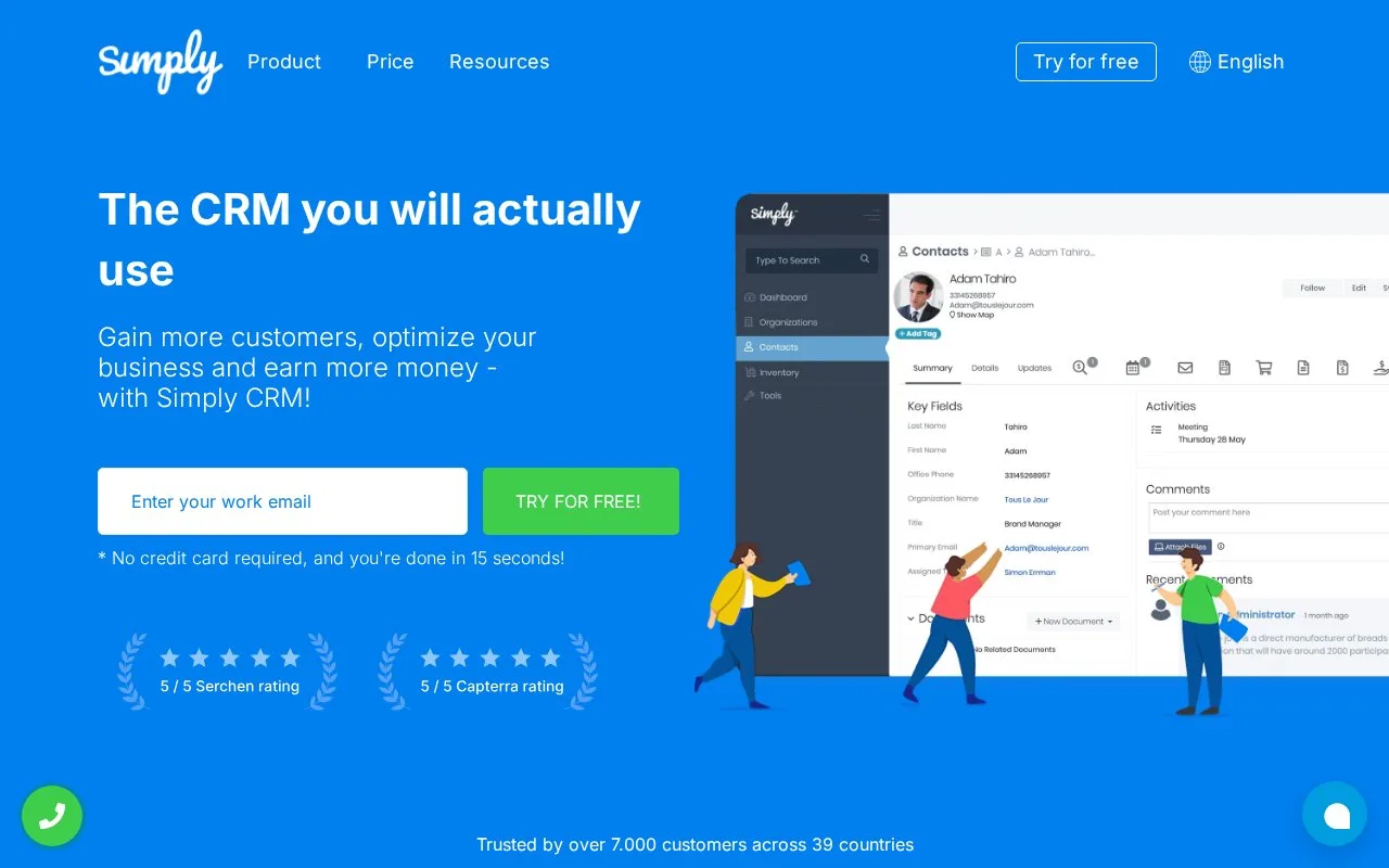 Screenshot of the Simply CRM homepage