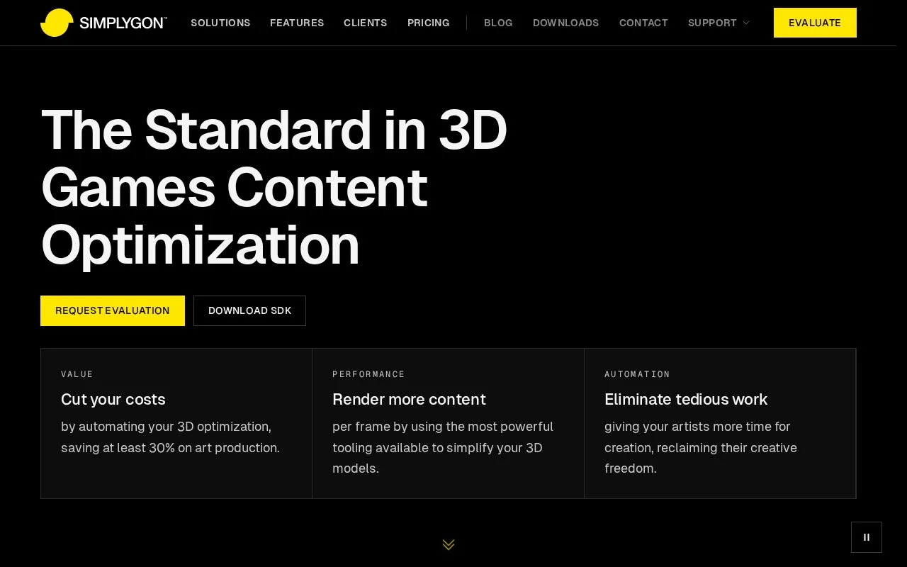 Screenshot of the Simplygon homepage