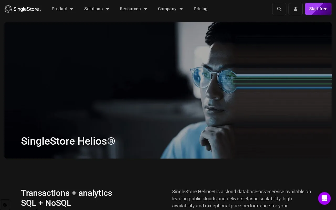Screenshot of the SingleStore Helios homepage