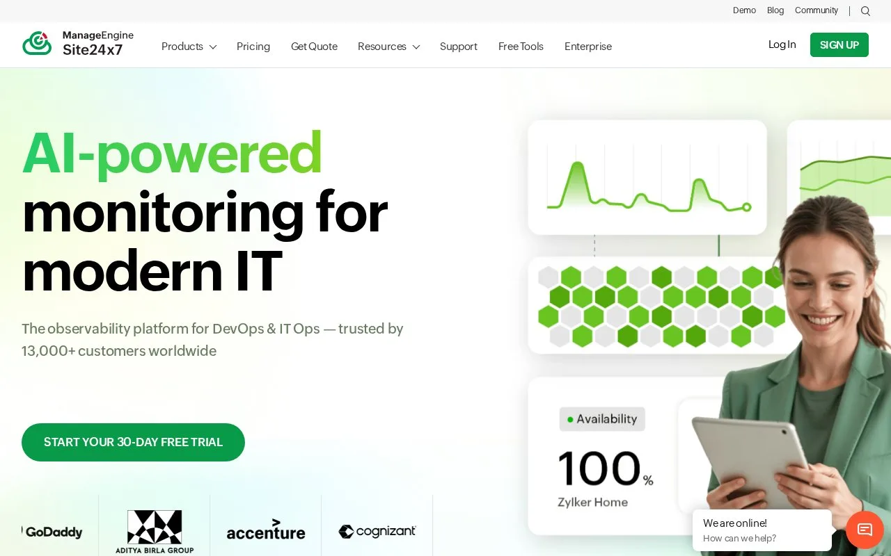 Screenshot of the Site24x7 homepage