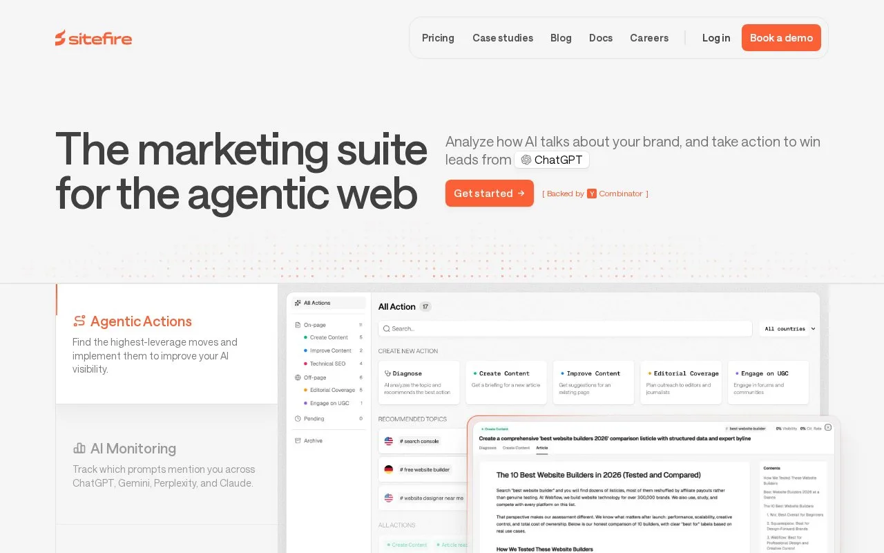Screenshot of the Sitefire homepage