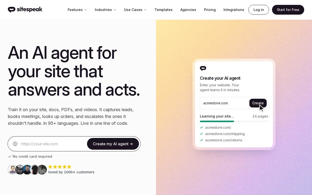 Screenshot of the SiteSpeakAI homepage