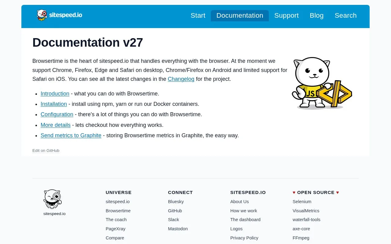 Screenshot of the Browsertime homepage