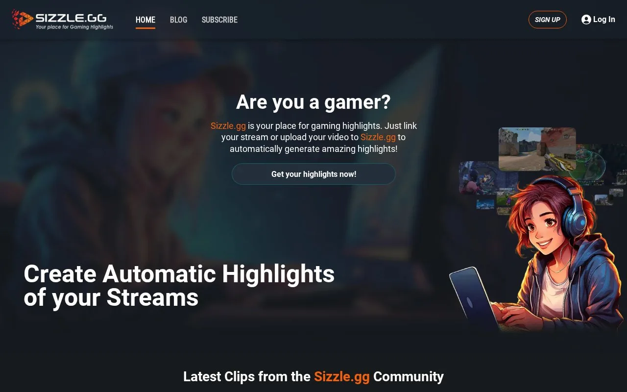 Screenshot of the Sizzle.gg homepage