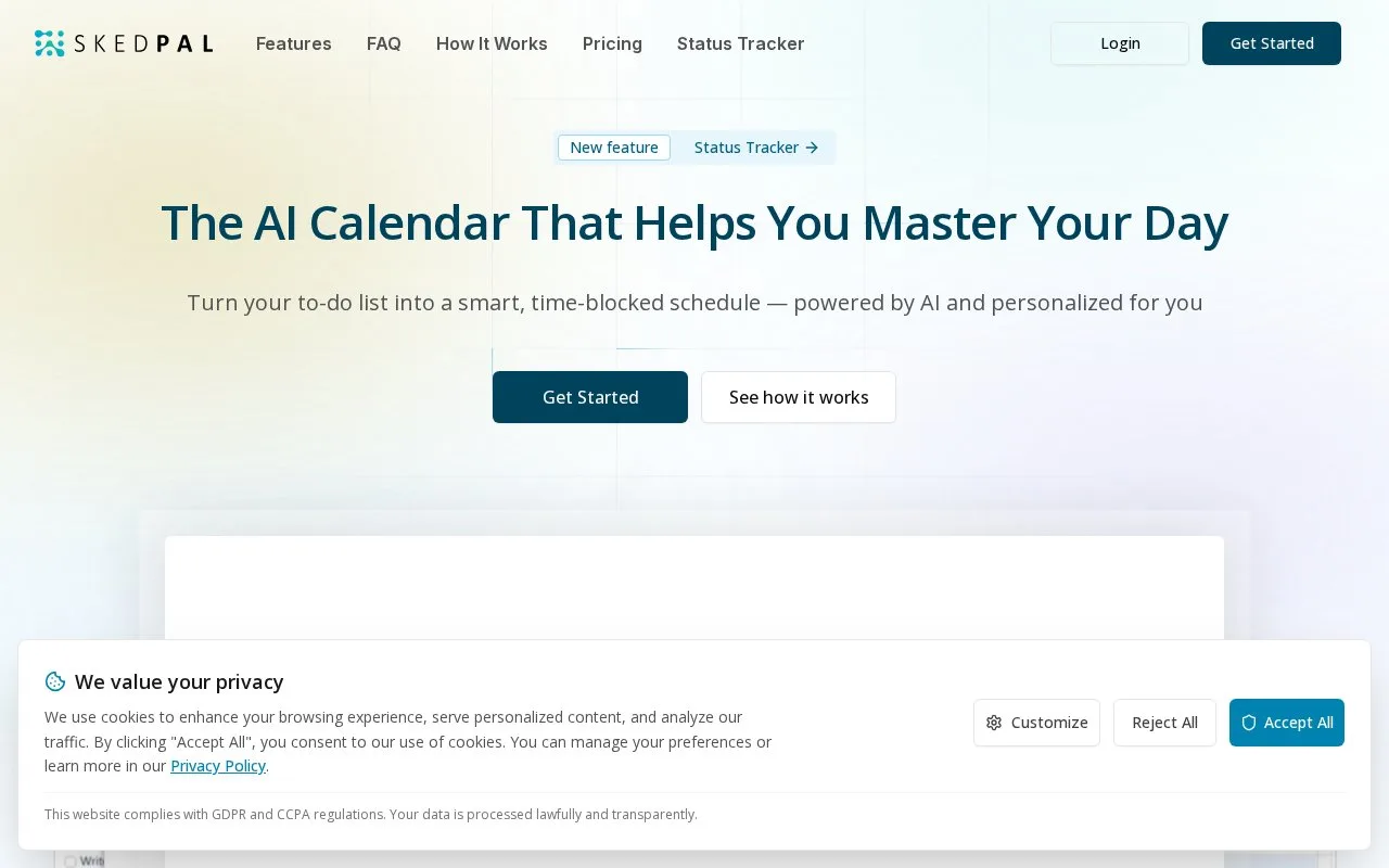 Screenshot of the SkedPal homepage
