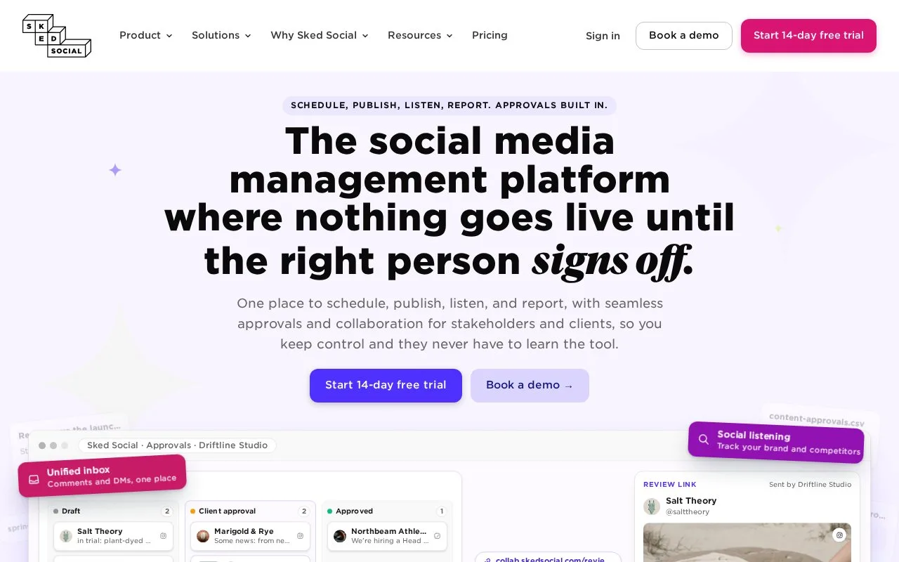 Screenshot of the Sked Social homepage