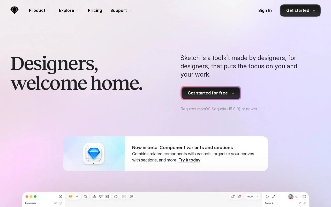 Screenshot of the Sketch homepage
