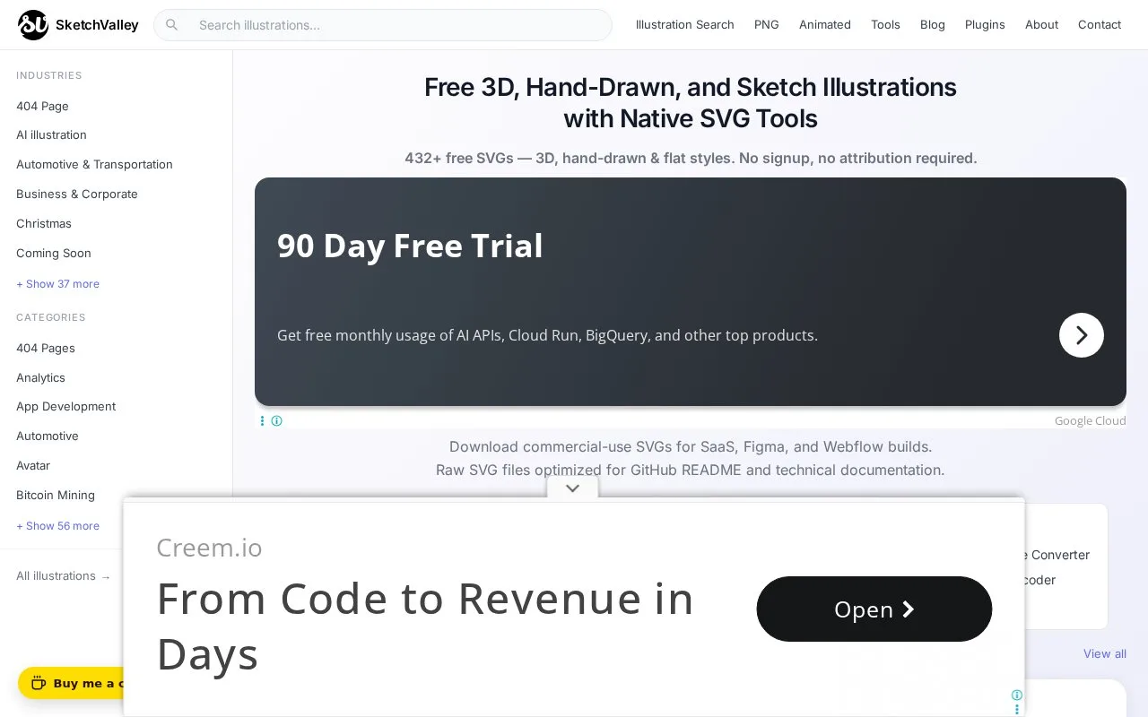 Screenshot of the SketchValley homepage