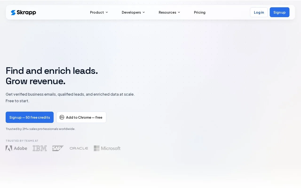 Screenshot of the Skrapp homepage