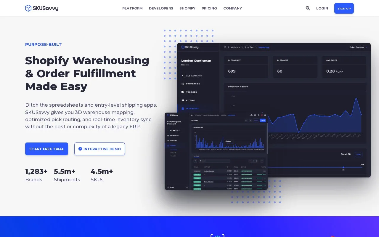 Screenshot of the SKUSavvy homepage