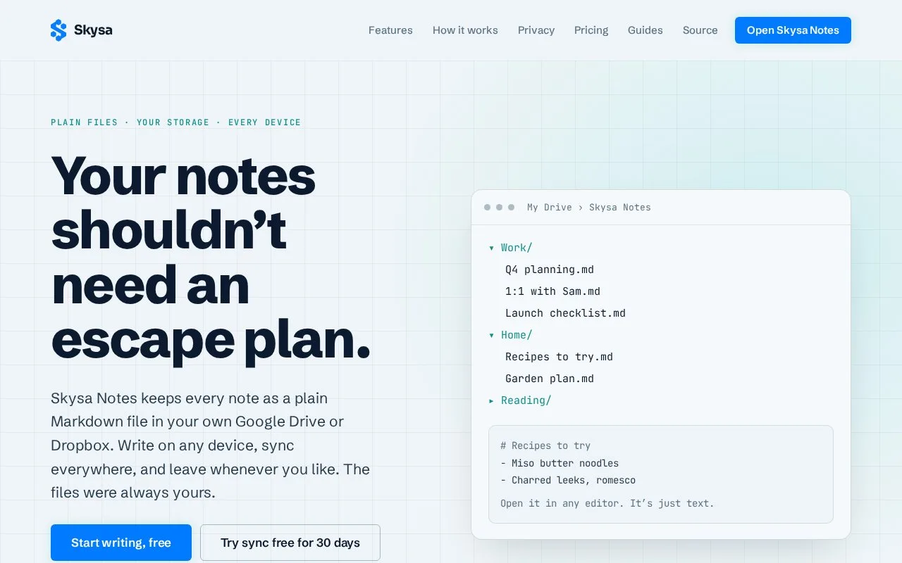 Screenshot of the Skysa Notes homepage