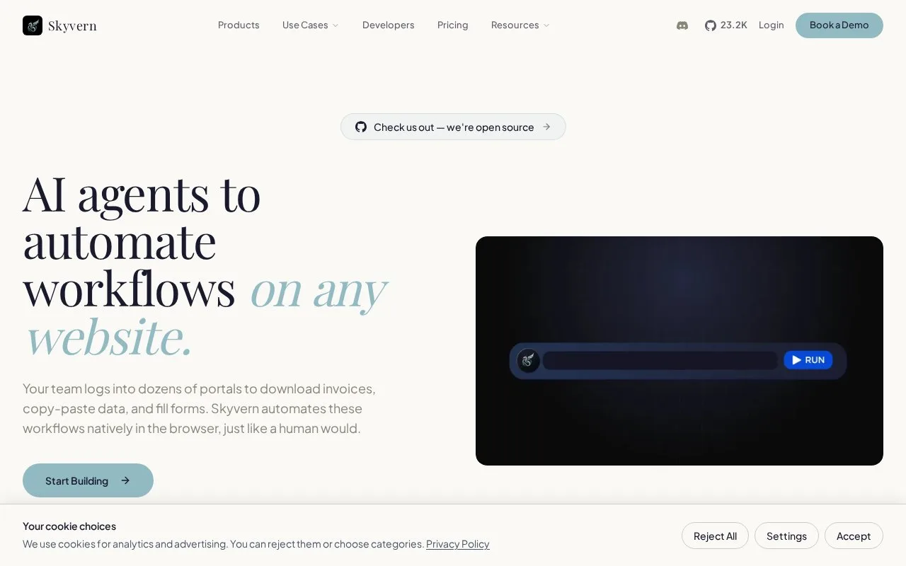 Screenshot of the Skyvern homepage
