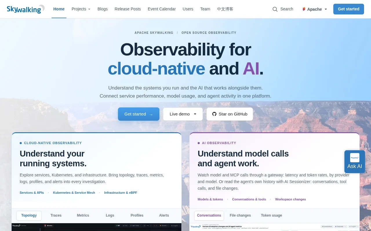Screenshot of the Apache SkyWalking homepage