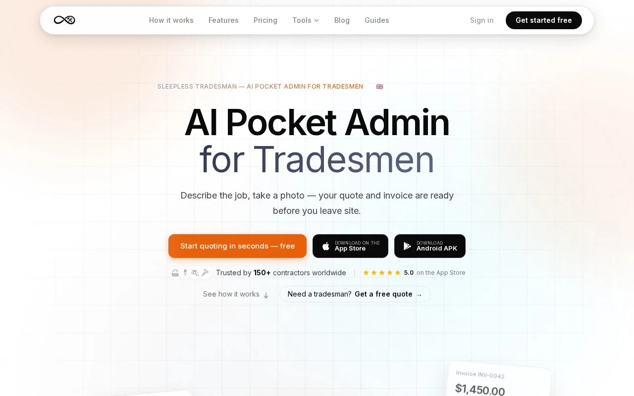 Screenshot of the Sleepless Tradesman homepage