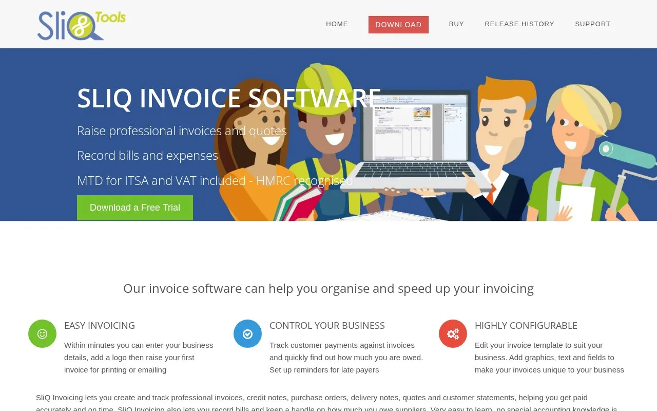 Screenshot of the SliQ Invoicing homepage