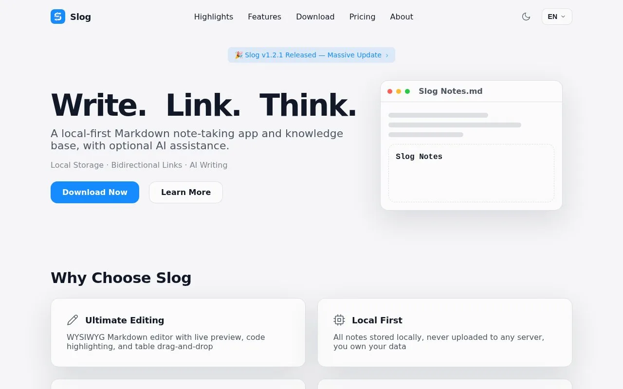Screenshot of the Slog homepage
