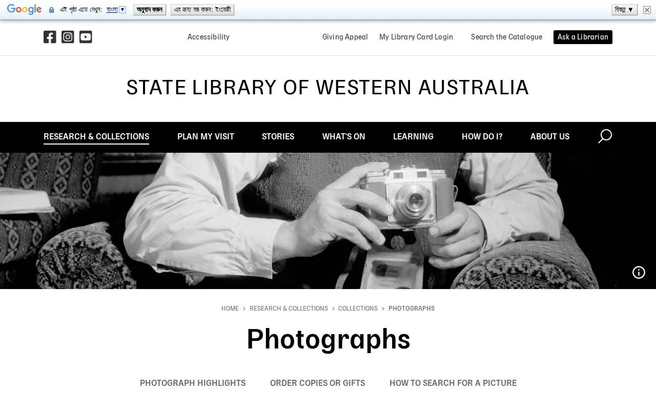 Screenshot of the State Library of Western Australia Photographs homepage