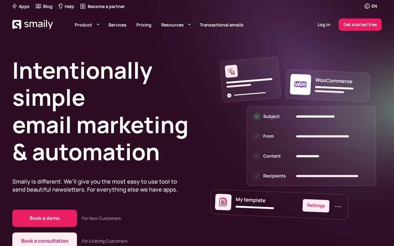 Screenshot of the Smaily homepage