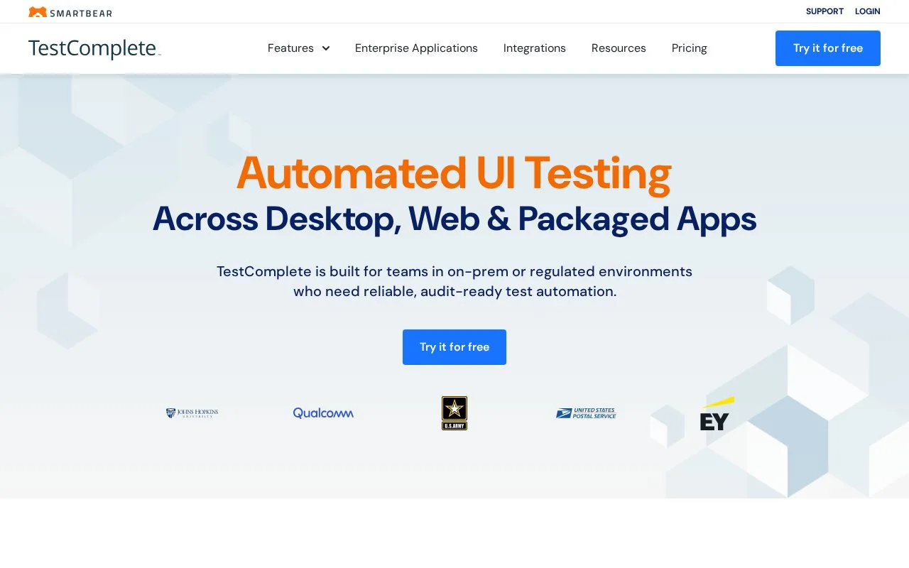 Screenshot of the TestComplete homepage