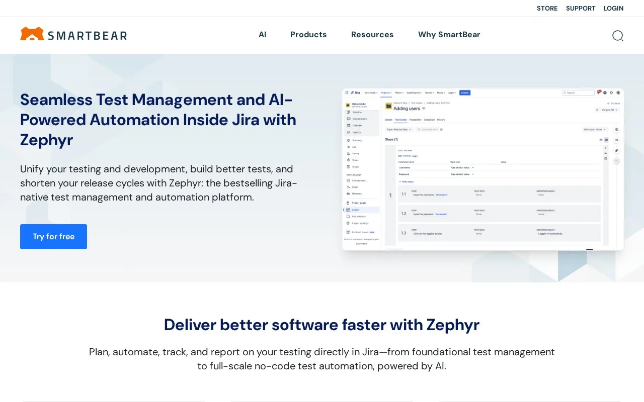 Screenshot of the Zephyr (formerly Zephyr Scale) homepage