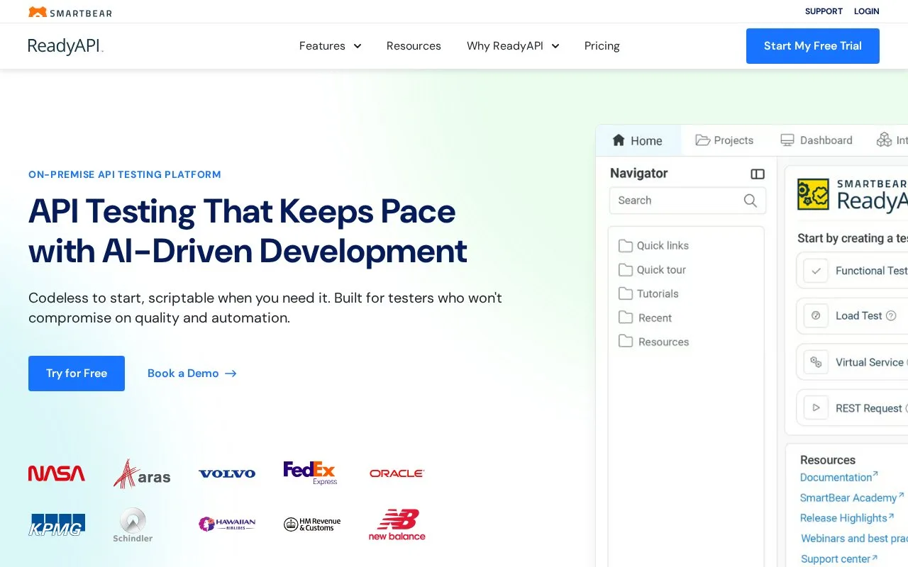 Screenshot of the ReadyAPI homepage