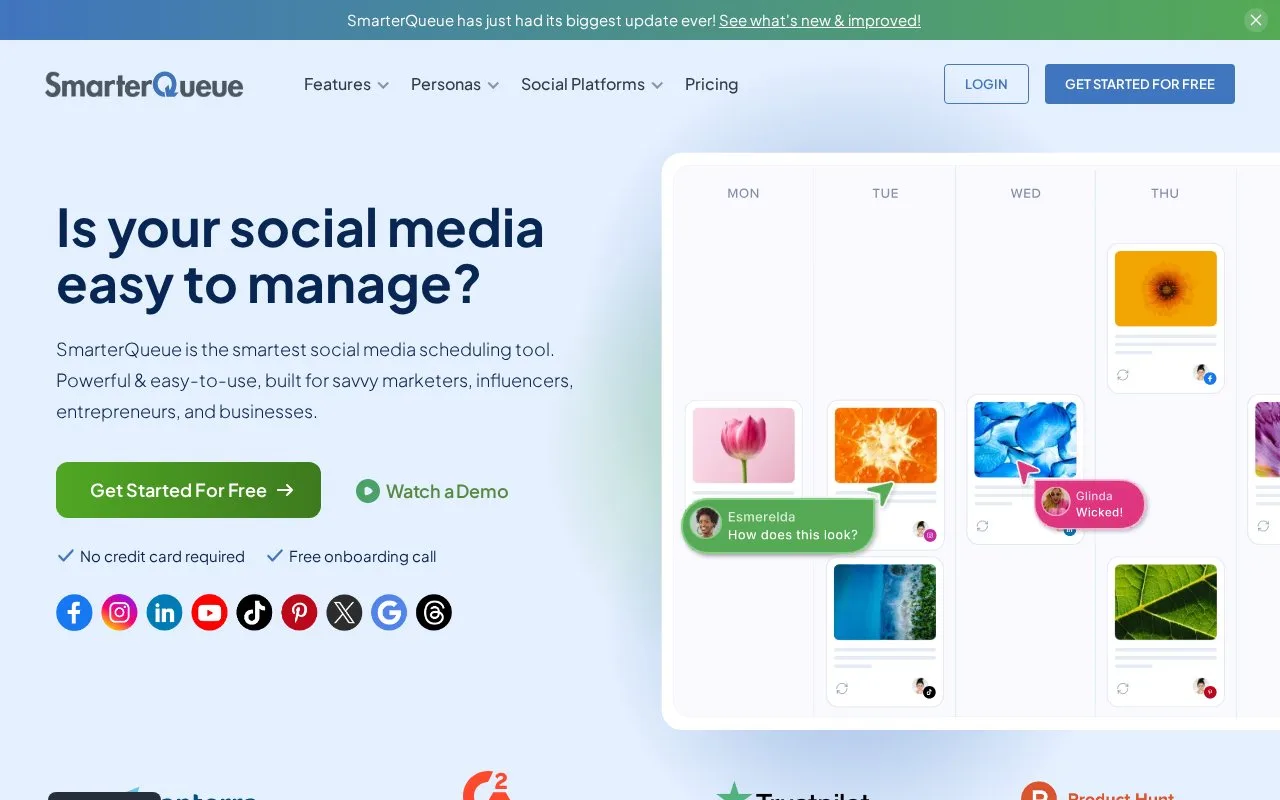 Screenshot of the SmarterQueue homepage