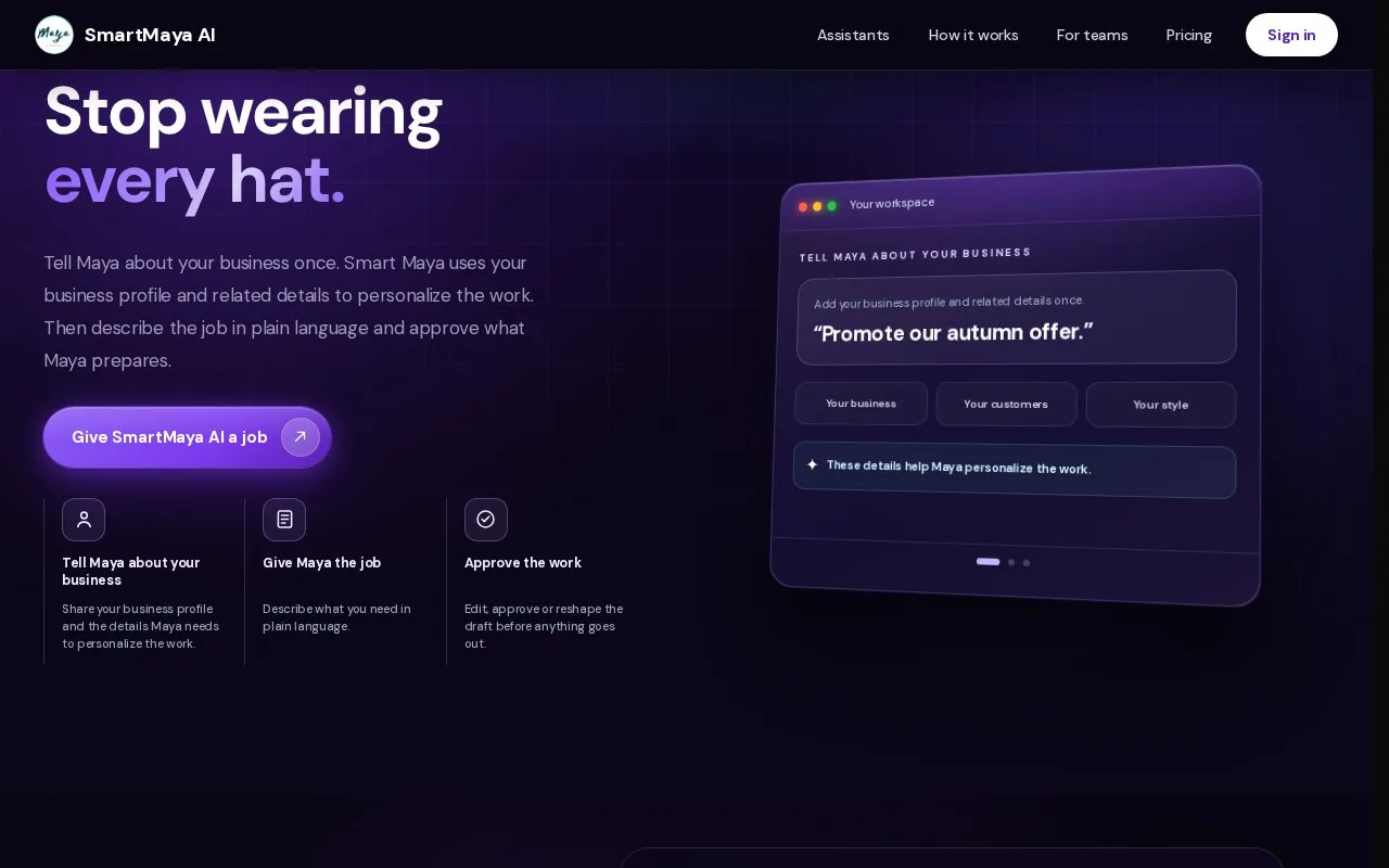 Screenshot of the SmartMaya AI homepage