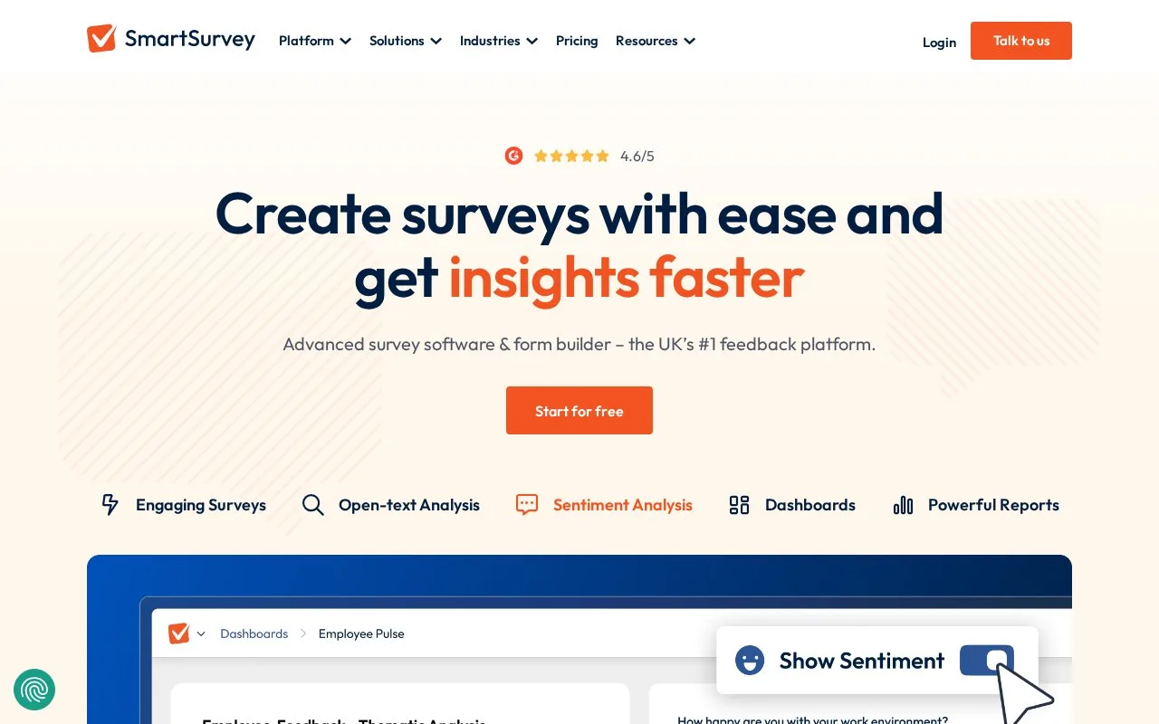 Screenshot of the SmartSurvey homepage