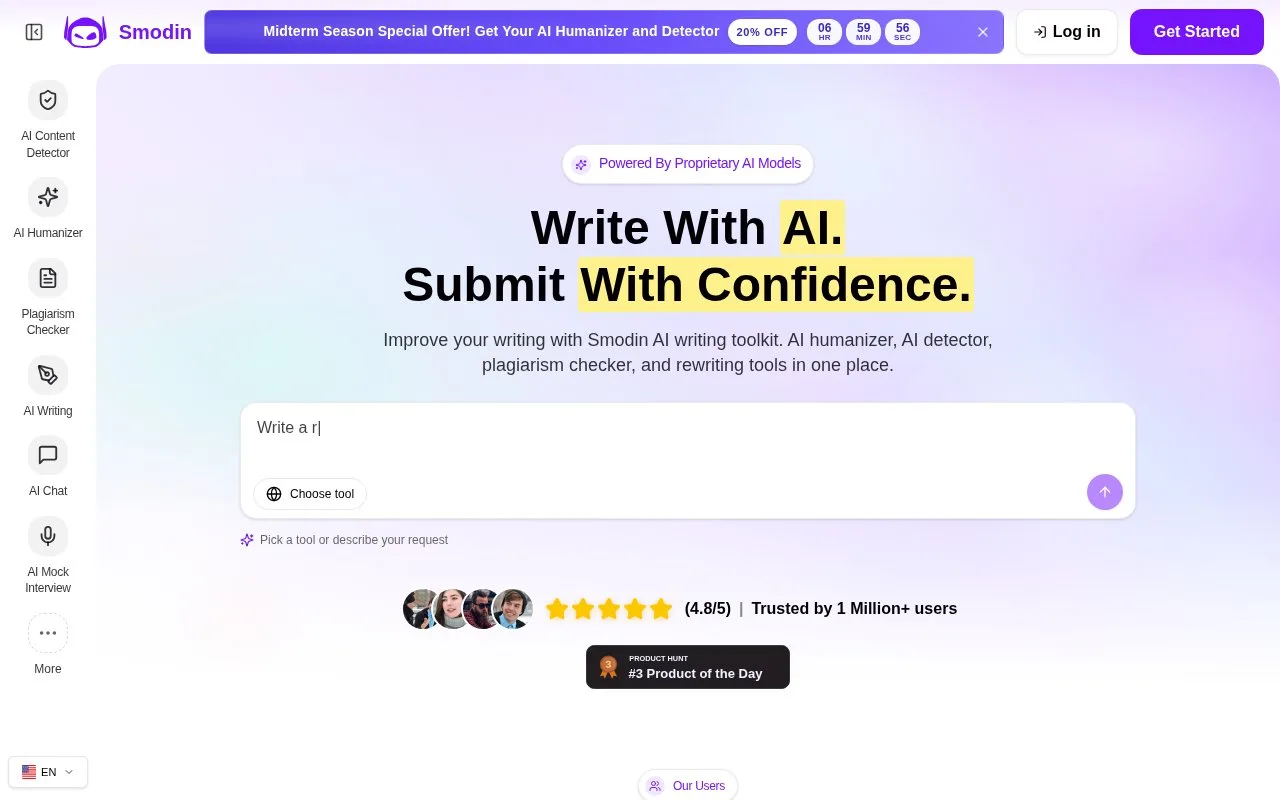 Screenshot of the Smodin homepage