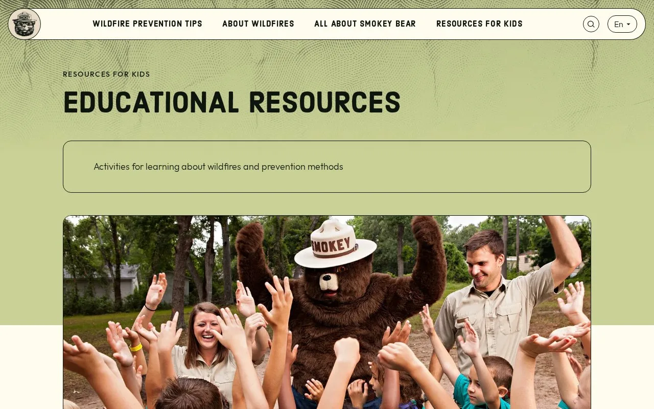 Screenshot of the Smokey Bear Educational Resources homepage