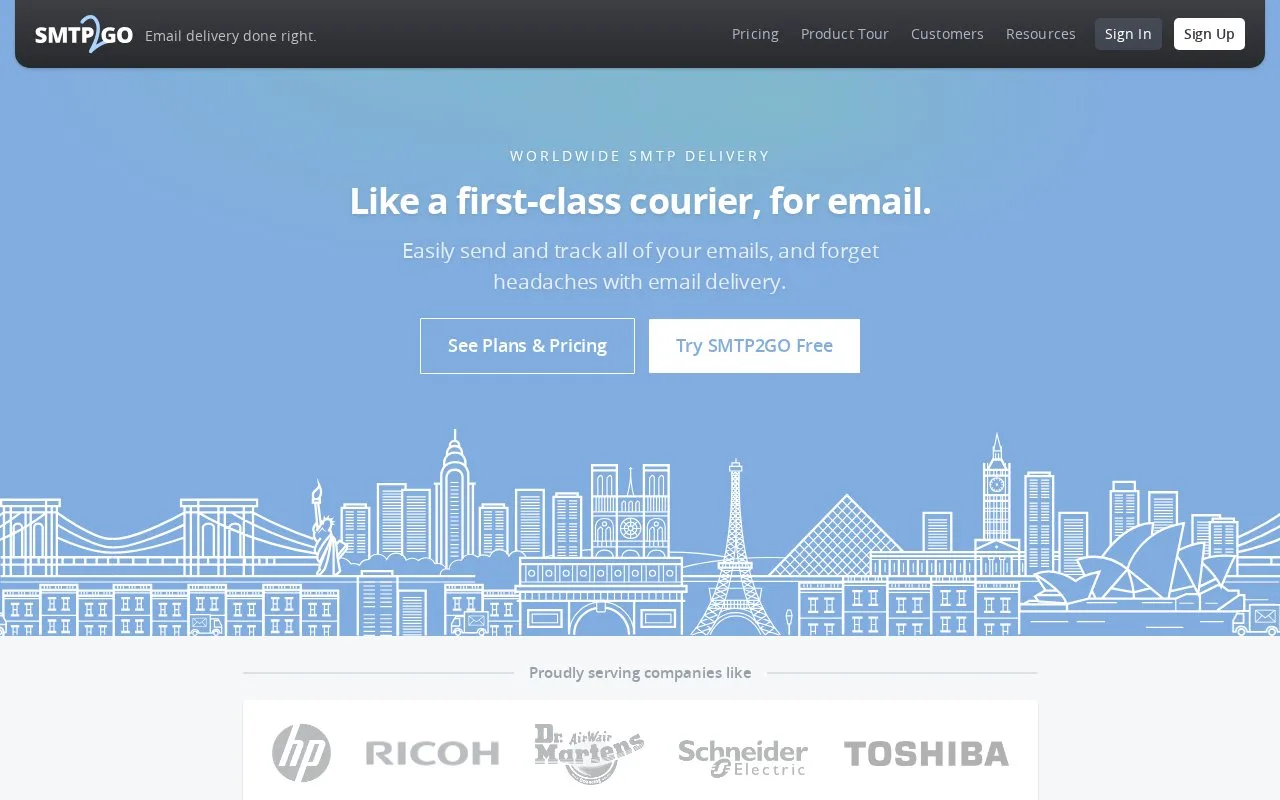 Screenshot of the SMTP2GO homepage