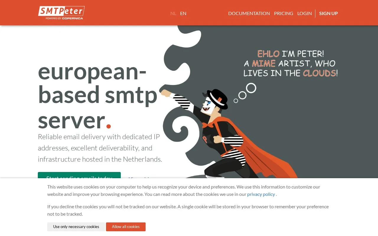 Screenshot of the SMTPeter homepage