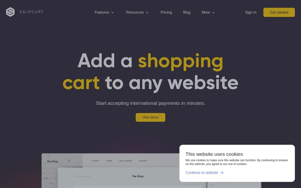 Screenshot of the Snipcart homepage