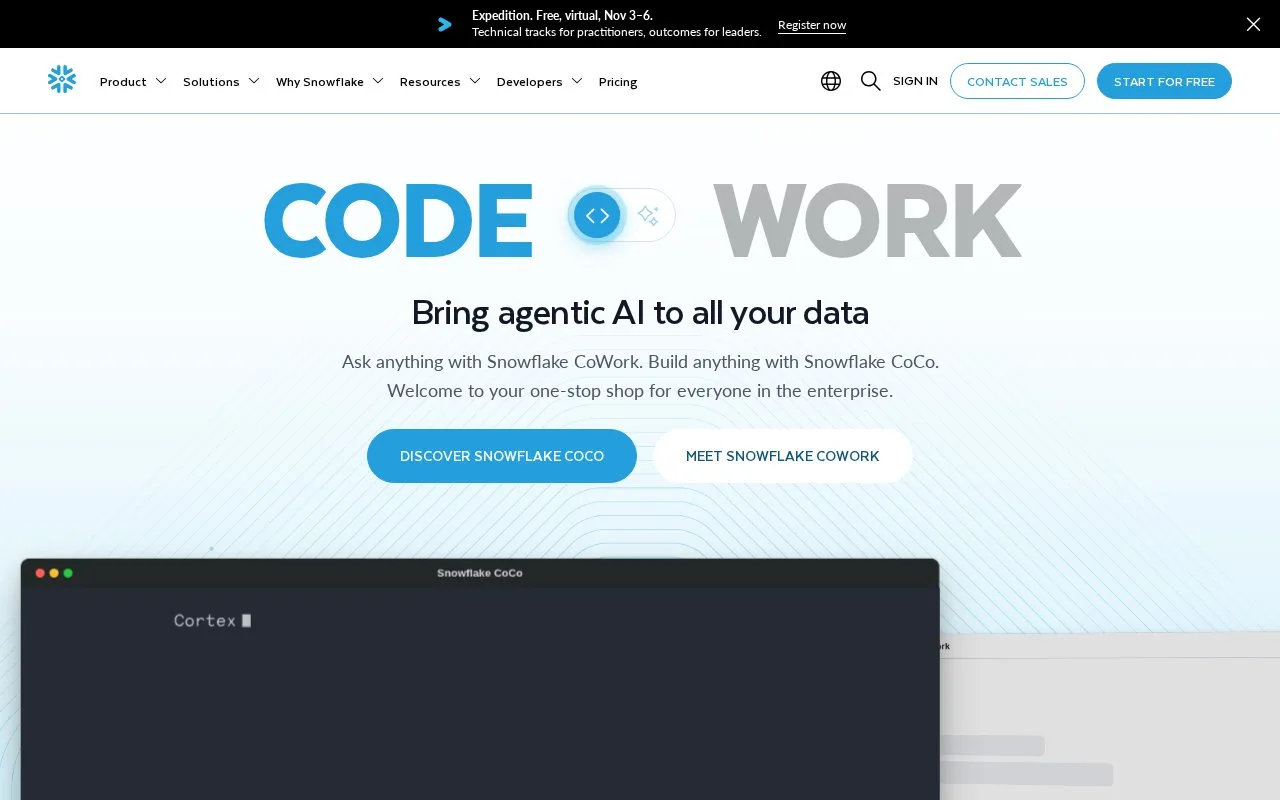 Screenshot of the Snowflake homepage