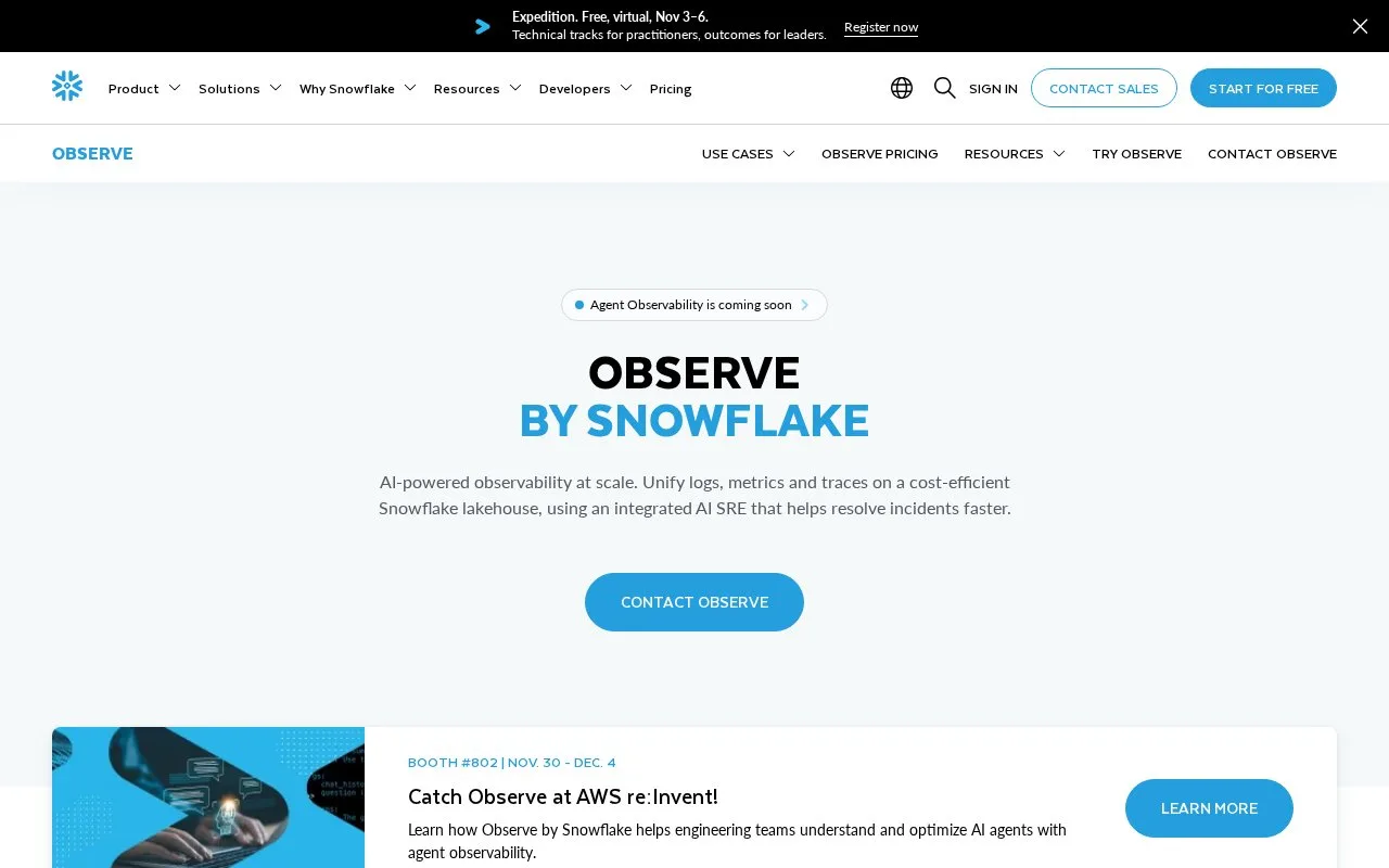 Screenshot of the Observe by Snowflake homepage