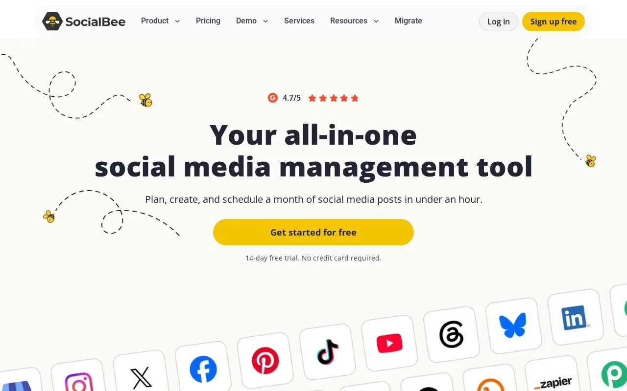 Screenshot of the SocialBee homepage