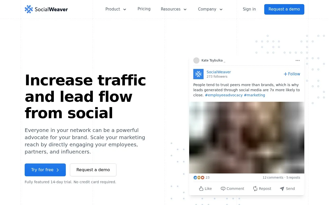 Screenshot of the SocialWeaver homepage