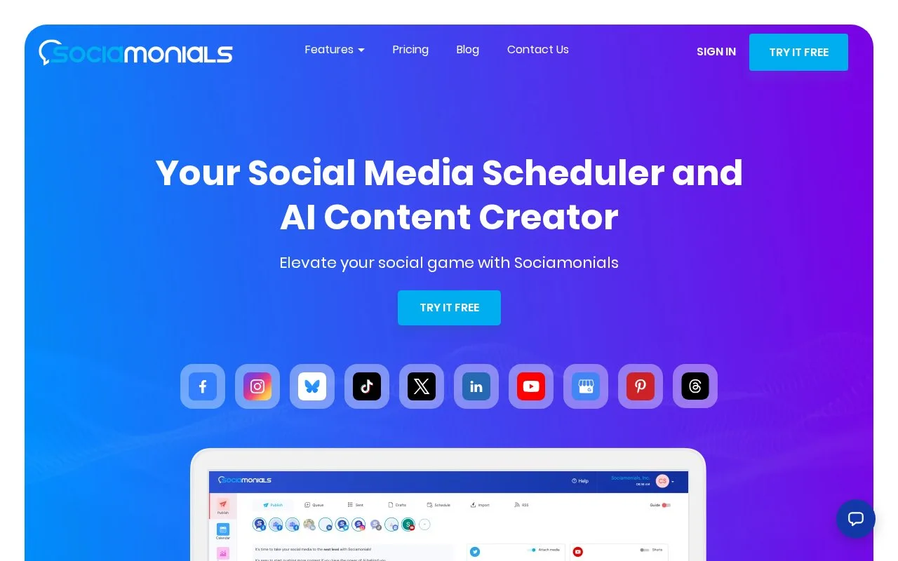 Screenshot of the Sociamonials homepage