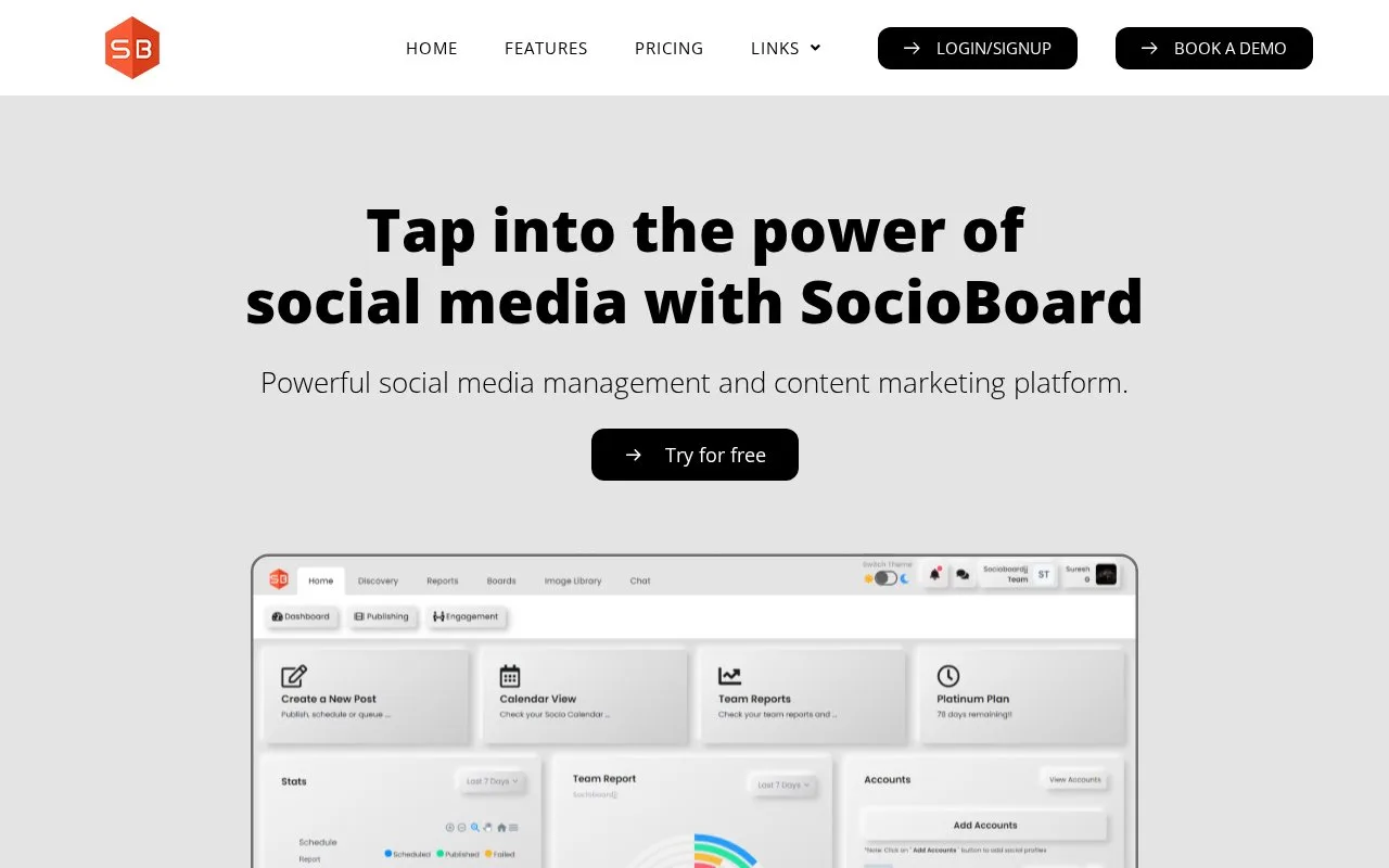 Screenshot of the Socioboard homepage