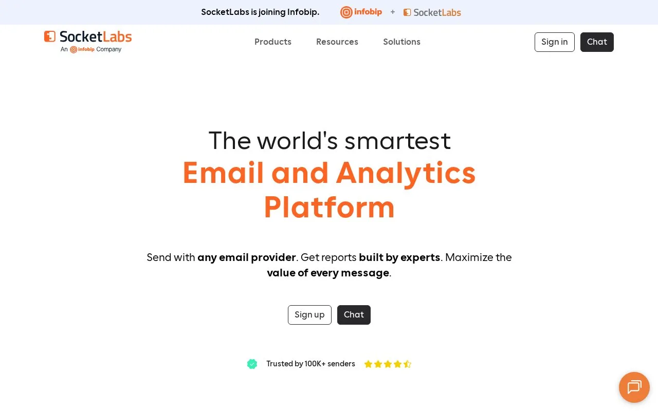 Screenshot of the SocketLabs homepage
