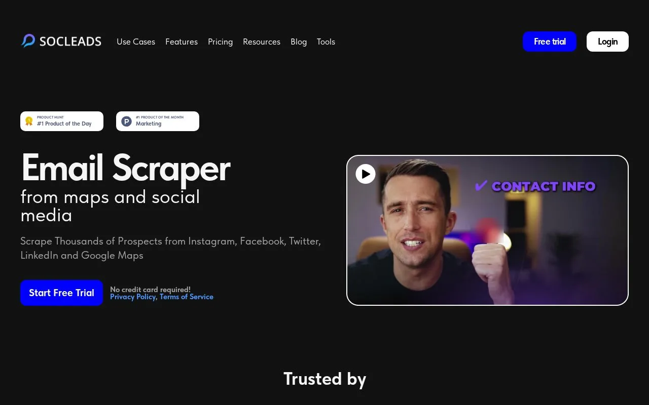 Screenshot of the SocLeads homepage